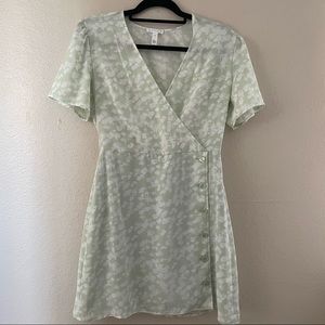 Leith | Sage Green Floral Short Sleeves Surplice Neck Button Front Wrap Dress